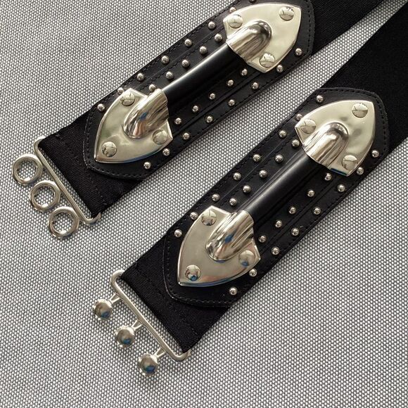 Vintage stretch belt with rubber and metal belt, steampunk goth. BLT0002 - Picture 2 of 7